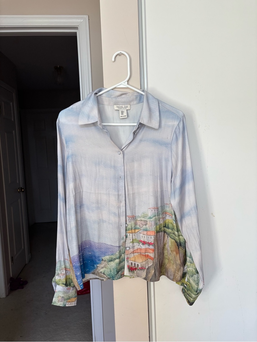 Rachel Zoe Scenic Coastal Print Button-Down Blouse - Light Blue